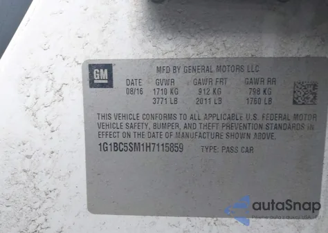 2017 Chevrolet Cruze Ls Auto z USA, uszkodzony, nr VIN 1G1BC5SM1H7115859